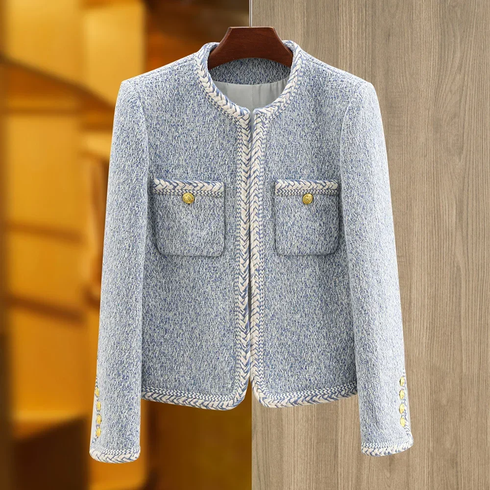 Winter Tweed Women Suit Blazer Jacket Female Elegant Office Lady Daily Work Wear Light Blue Single Breast Prom Dress Coat Outfit