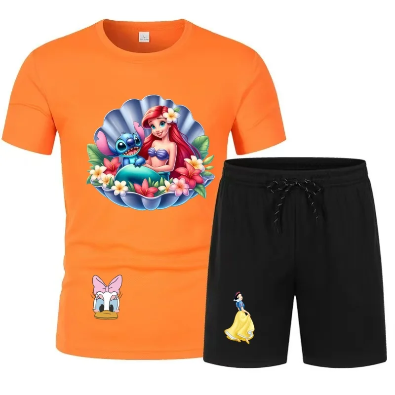 

Disney Little Mermaid Stitch Co Branded Printed Short Sleeved Shorts Set Summer Casual Sports Two-Piece Set