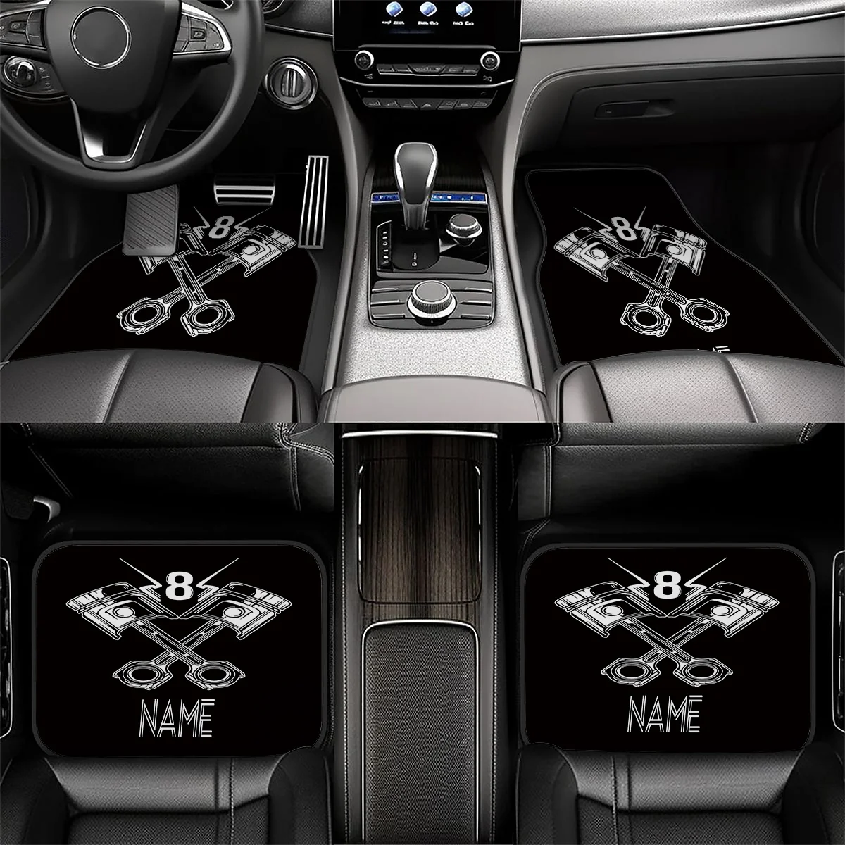 4pcs Customizable Name Car Mats Featuring An 8-Cylinder Engine Piston Theme Print - The Perfect Gift For Men/Women - Easy To Cle
