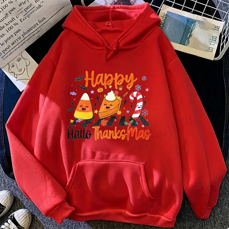 HalloThanksMas Hoodies Women Men Matching Family Graphic Hooded Sweatshirts Halloween Thanksgiving Christmas Holiday Party Hoody