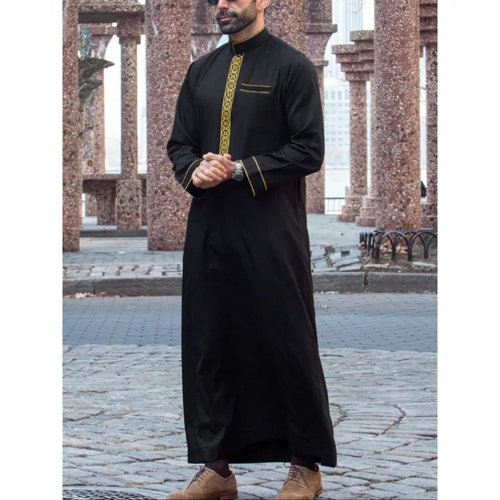 New Middle Eastern Men's Robe, Long Sleeve Embroidered Stand Collar, Loose Arabic Muslim Style Exudes Dignity