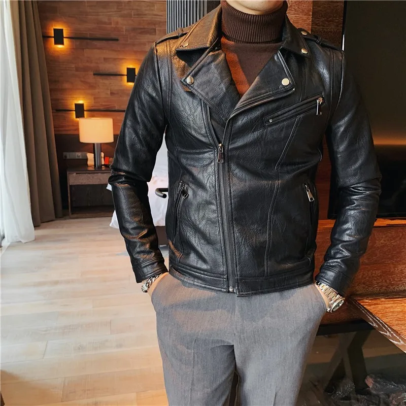 

Slim Fit ort Leather Jaet for Men XS Size Faionable Urban Sle Casual Motorcycle Clothes Turn-down Collar Zipper Closure