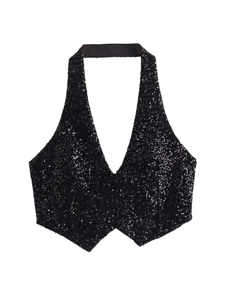 

HH TRAF Women Summer Fashion Sequins Halter Vest Sexy Backless Cropped Tank Tops Female Elegant Sleeveless V-neck Slim Top