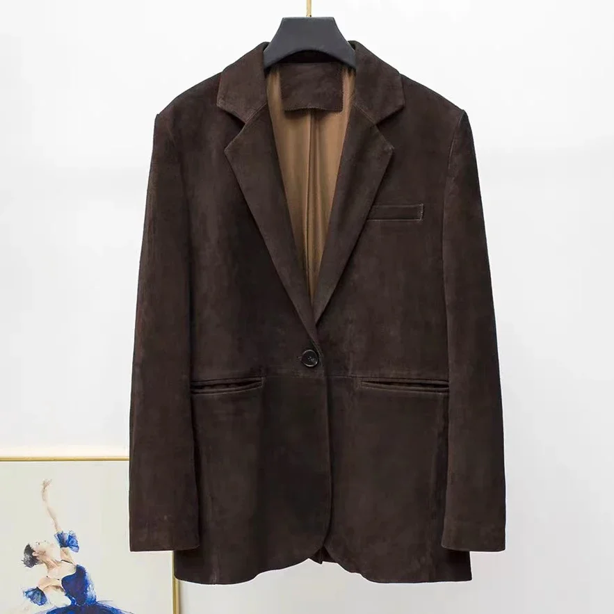 Giacca da abito in pelle scamosciata con strato superiore alla moda per donna Cappotto in pelle scamosciata per bambini importato 100% pelle con un bottone sul retro Cappotto con taglio a fessura Linda Fucsia Ceket
