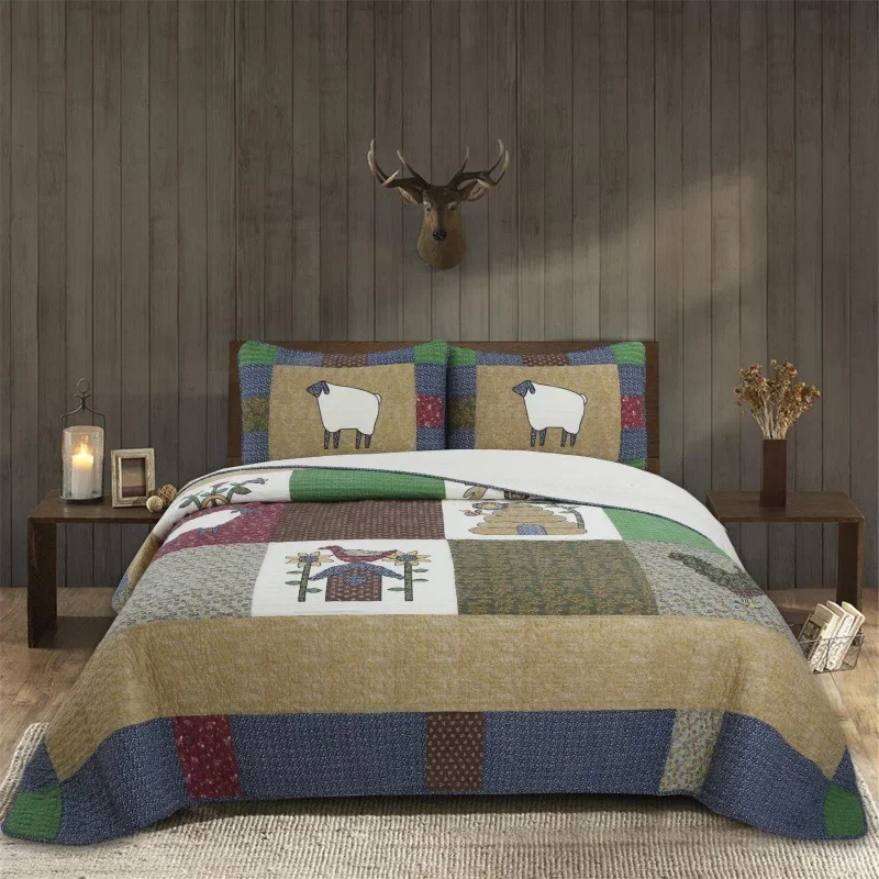 Country Style 3-Piece Quilt Set, 100% Cotton Patchwork Bedspread,2PC Cartoon Sheep Bed Blanket - King Size Summer Comforter