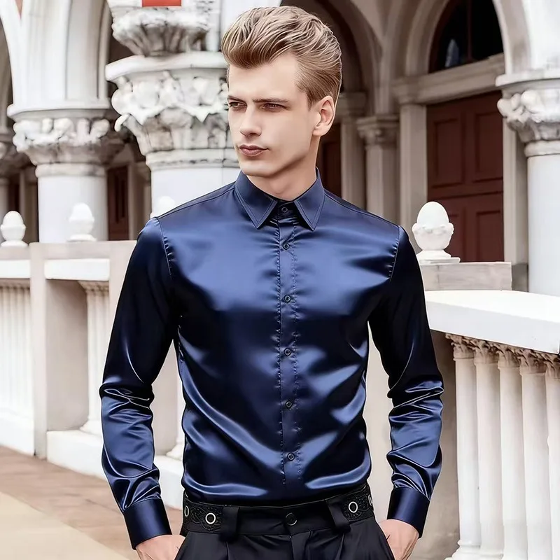 Men's Royal Blue Satin Silk Long Sleeve Dress Shirt Slim Fit Glossy Formal Shirt for Wedding Party Business Banquet