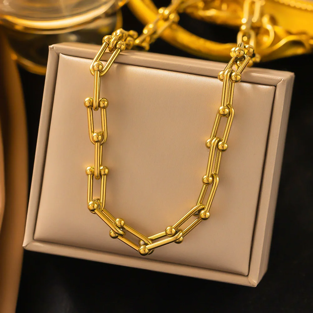 316L Stainless Steel Fashion Stitching U-shape Stitching Thick Chain Necklace Bracelet Earring Set Wedding Jewelry Set