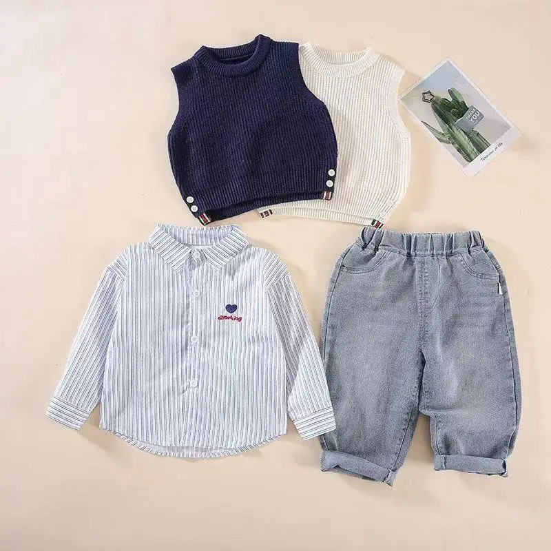 Boys\' Spring and Autumn Set Children\'s Sweater+Vest+Jeans Three piece Set 2025 New Style 1-5 Year Old Boys\' Baby 3 Pcs