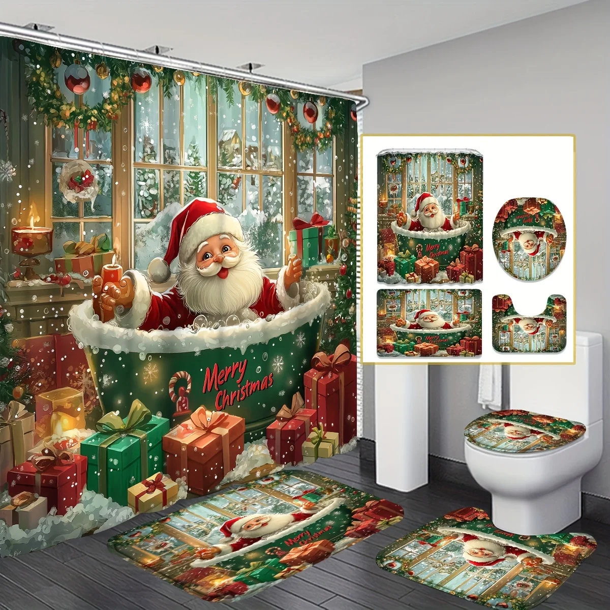 4PCS Merry Christmas Shower Set – Santa in Tub Red Green Print 12 Hooks Non-Slip Mat U-Seat Cover Holiday Bathroom Decor
