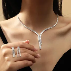 Simple Geometric Zircon Necklace Earrings Women Crystal Earrings for Wedding Bride Jewelry Sets Accessories