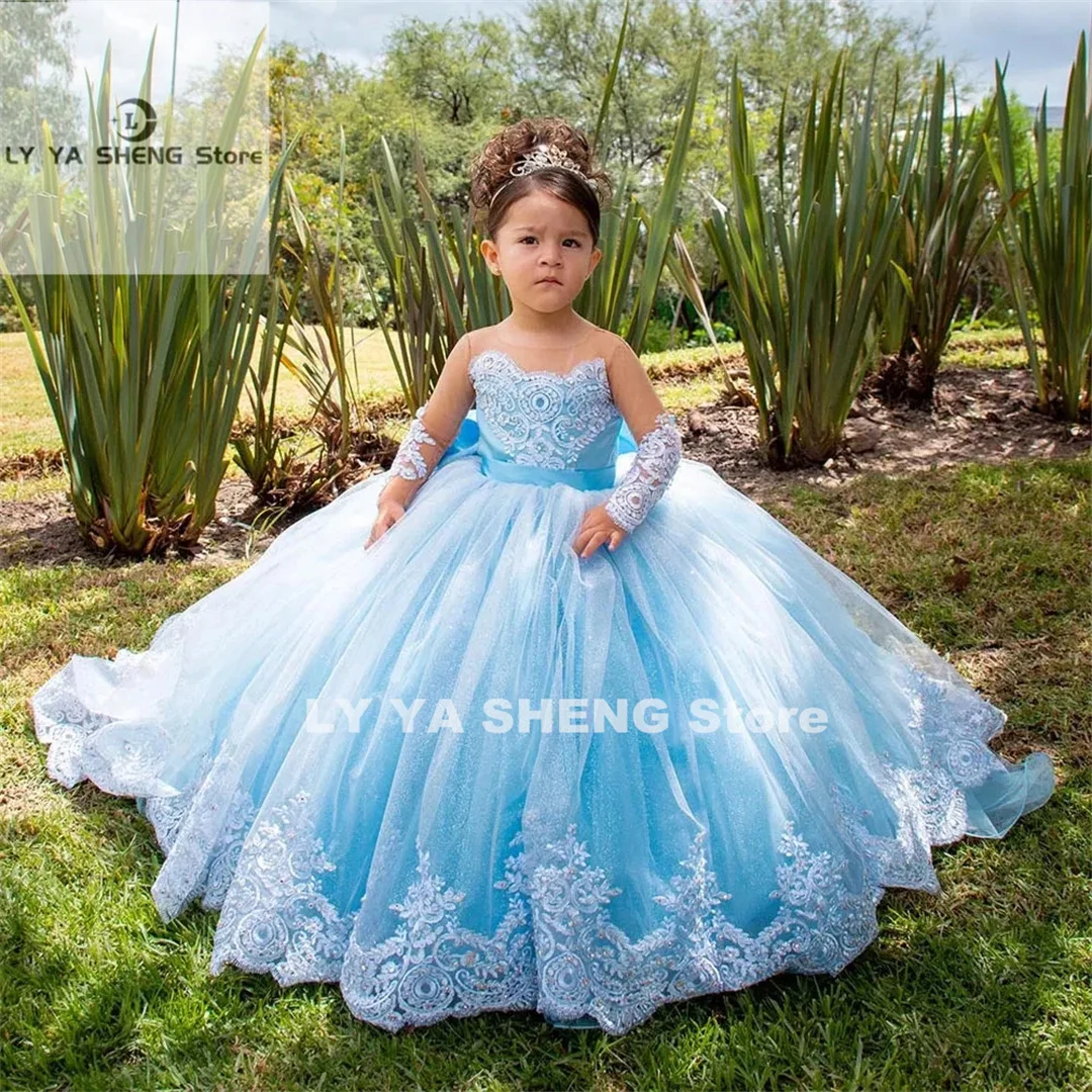 

Sky Blue Toddler Flower Girl Dresses Tulle Beaded Bow Long Sleeves Wedding Party Birthday Pageant Robe Holy First Communion Gown