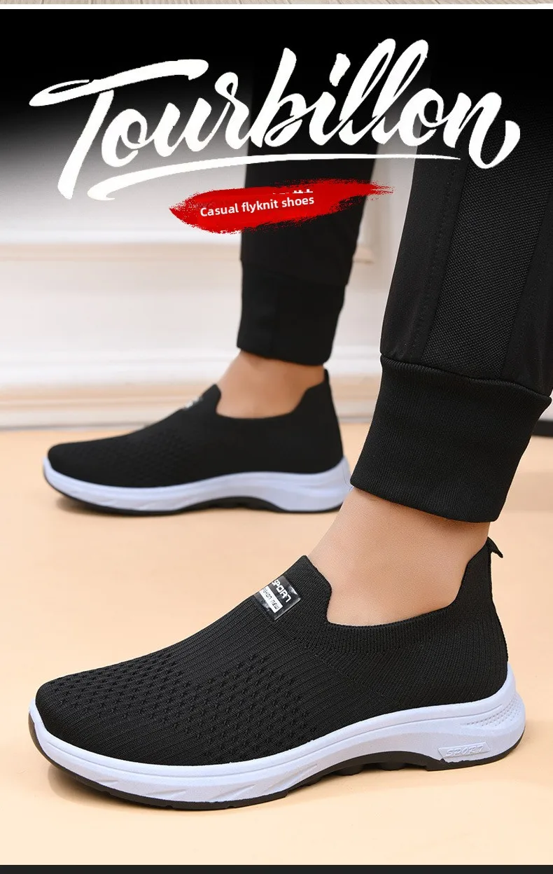 Herren-Strick-Slipper, atmungsaktives, fliegendes Gewebe-Obermaterial, dicke, rutschfeste Sohle, bequeme Freizeitschuhe zum Gehen – Detail 3