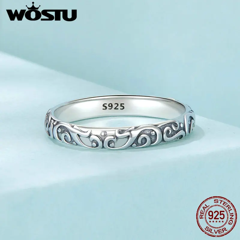 WOSTU Original 925 Sterling Silver Patterned Ring Vintage Ring for Women Fine Jewelry Grand Luxury Party Daily Gift Ring FIR1031