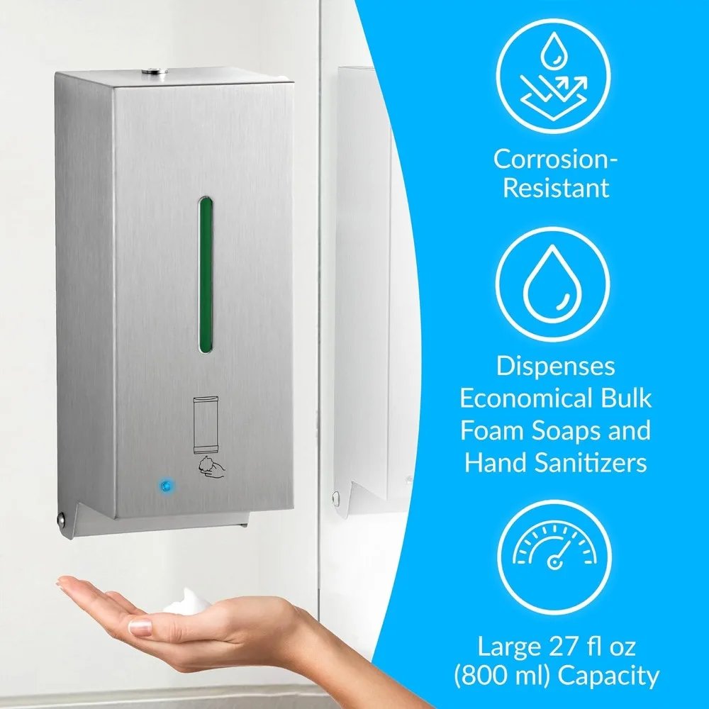 Автоматический настенный дозатор пенного мыла из нержавеющей стали, атласное покрытие, 27 фунтов унции. 4-1/4 дюйма Ш, 10-17/32 дюйма В, 4-7/32 дюйма