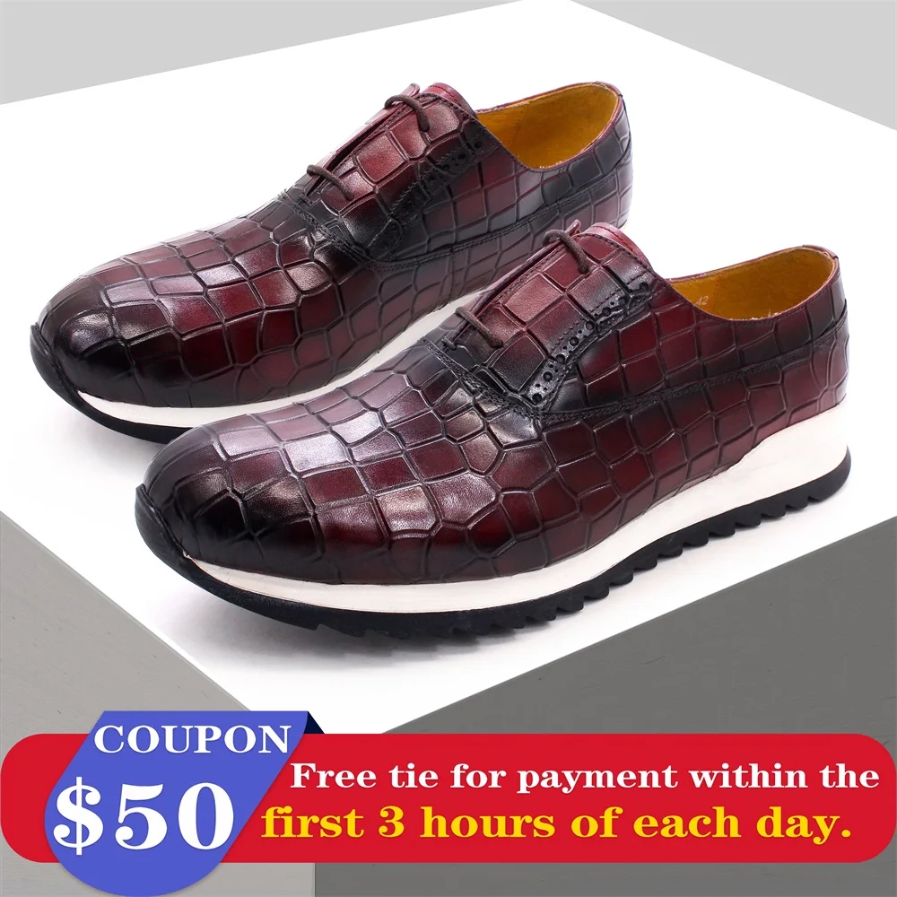 Leather handmade men\'s shoes comfortable casual sports style lace-up shoes wine red color daily dating party men\'s shoes