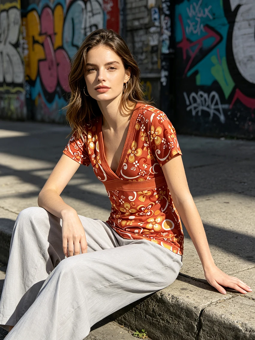 Retro Bohemian Women Floral Short Sleeve Top Deep V‑Neck Empire Waist Back Tie Detail Y2K Aesthetic Summer Casual Ladies Blouse