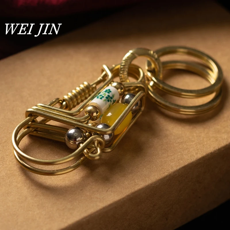 

Латунные брелки, 3-слойное автомобильное кольцо для ключей ручной работы из медной проволоки, сине-белая янтарная бусина, наружная механическая мужская брелок на ремне