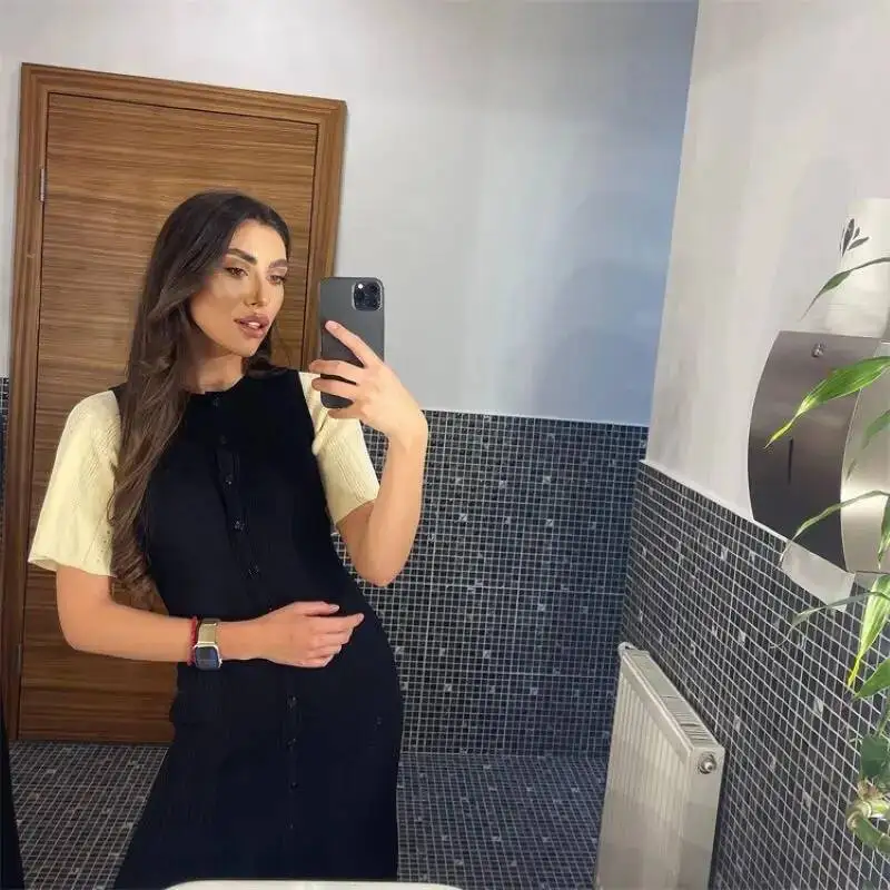 

Элегантное вязаное лоскутное платье миди, женское повседневное однобортное платье с коротким рукавом и высокой талией, пышные платья, лето, черный, бежевый, новинка