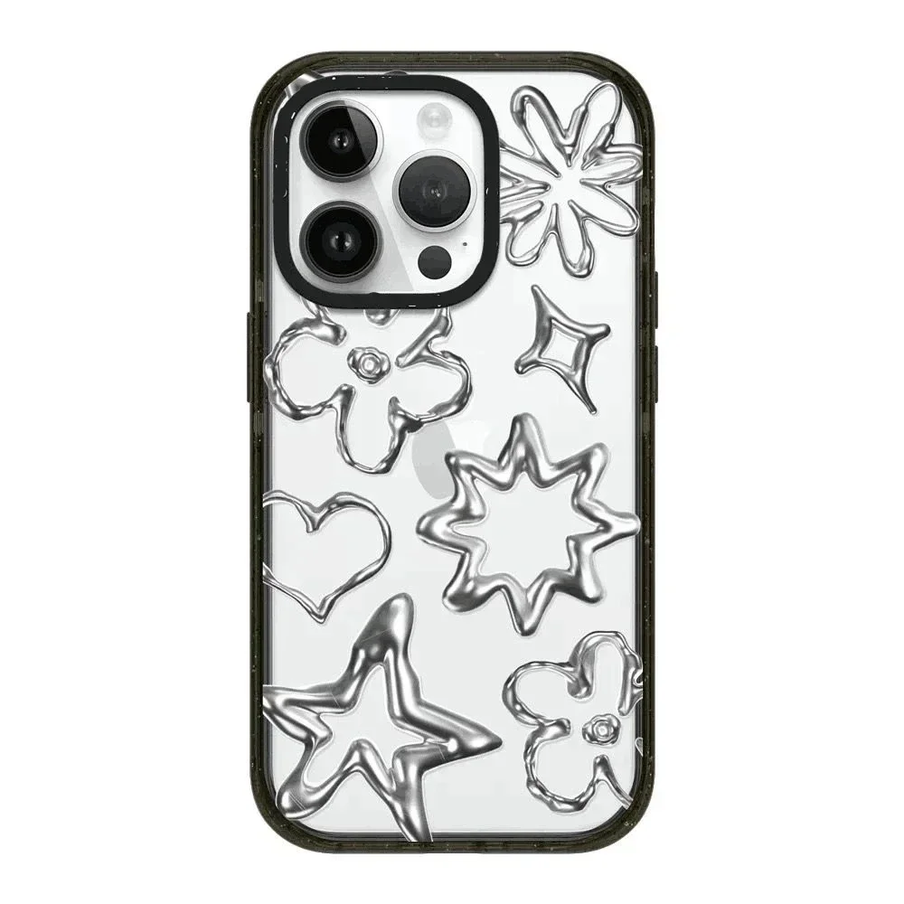 Caso acrílico prata coração estrela telefone, capa magnética para iPhone 11, 12, 13, 14, 15, 16 Pro Max, Pro Max