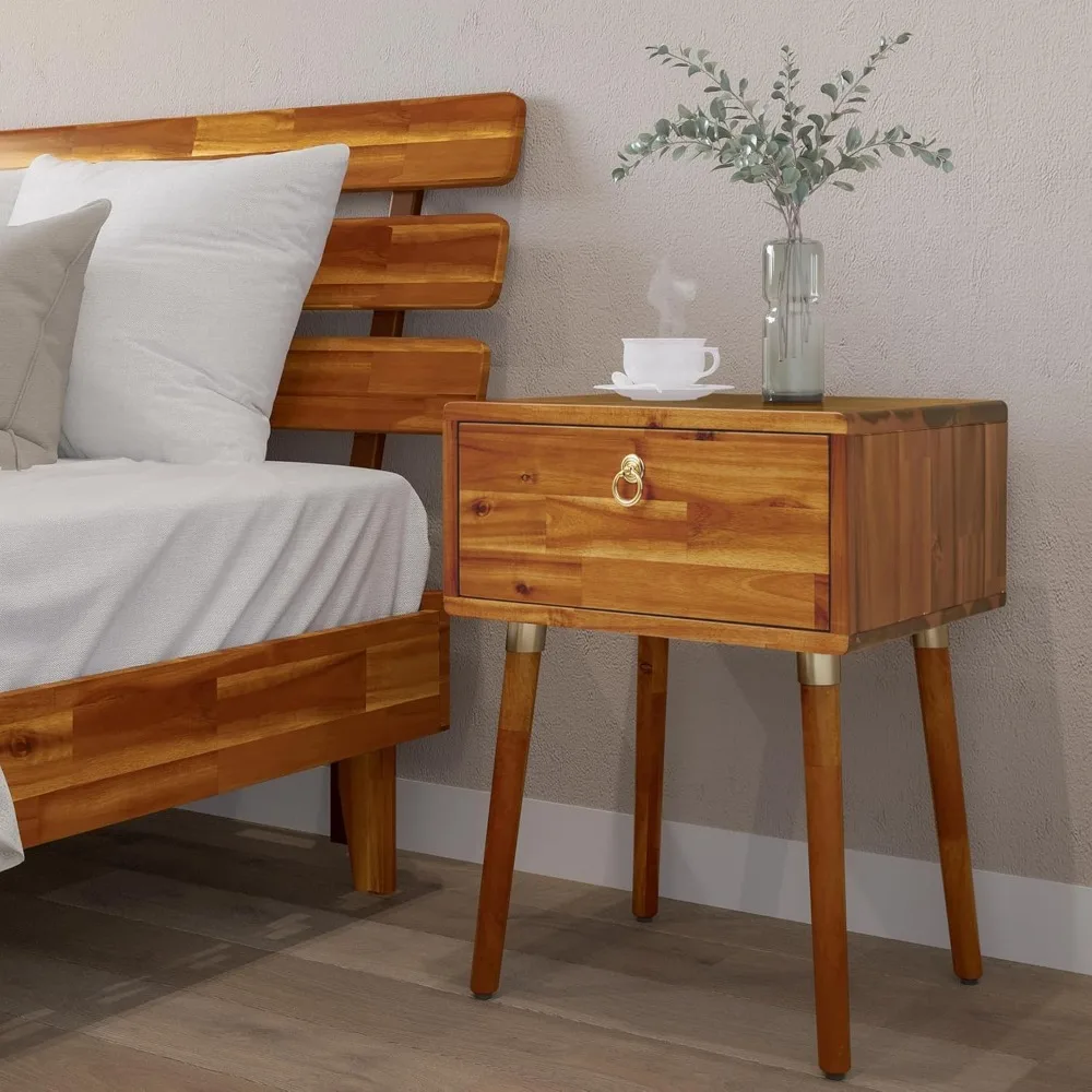 

Caden Solid Wood Nightstand/Side Table/End Table, Fully Assembled, with 1-Drawer for Mid Century Bedroom and Living Room, Caram