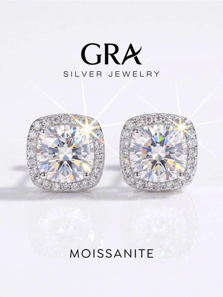 GRA Shiny 0.5-1CT Square Real Moissanite Diamond Stud Earrings For Women Real 925 Sterling Silver Daily Gift Dating Fine Jewelry