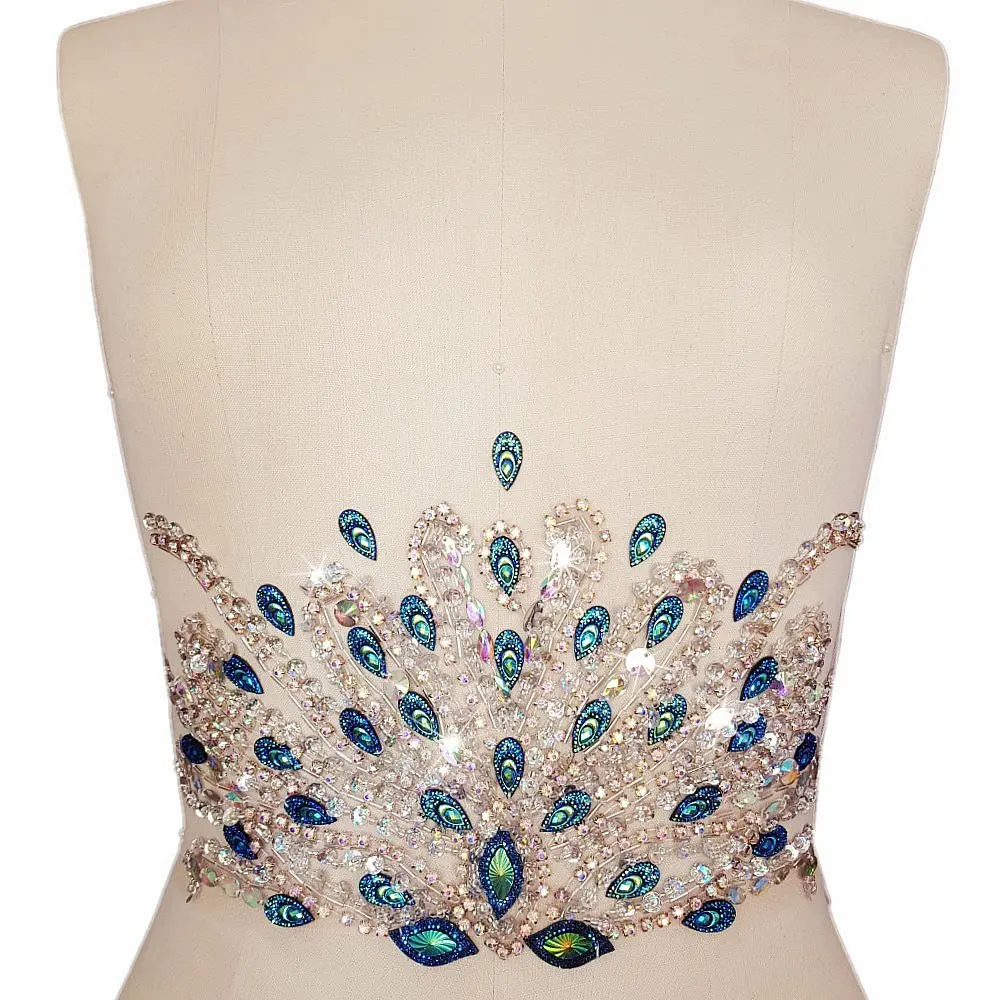 

Exquisite Unique Pure Handmade Blue Clear AB Sew on Rhinestones Belt Applique Crystals Patches 17x31cm Dress Accessory DIY Wa
