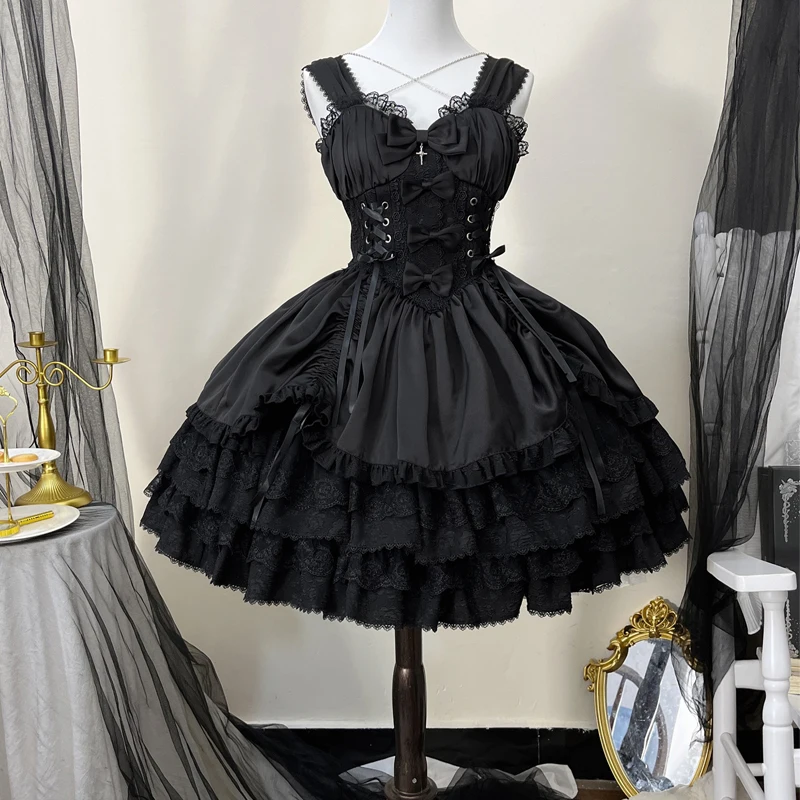 Vestido de tirantes JSK de estilo gótico Lolita para mujer, conjunto de 2 piezas con camisa y capa negra para primavera y verano 2024