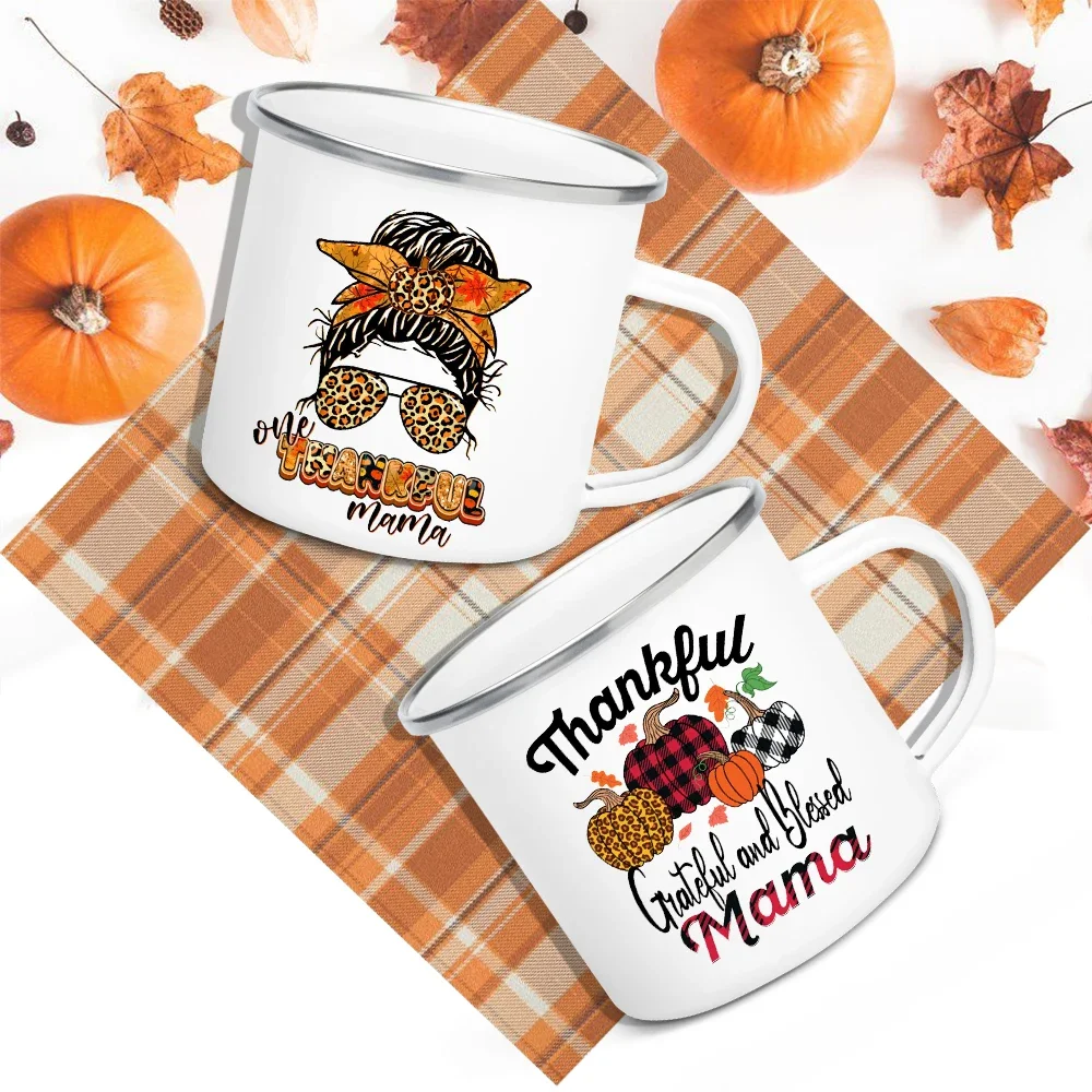 Thankful Grateful Blessed Mama Print Enamel Mugs Coffee Cups Thanksgiving Party Wine Juice Mug Hot Cocoa Handle Cup Mother Gifts