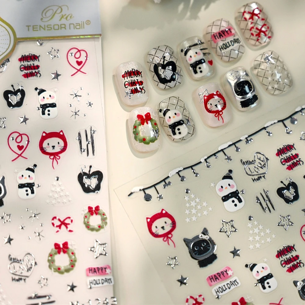 

Colorful Silver Cute Cat Snowman Apple Bowknot Christmas Wreath Stars Graffit Nail Art Stickers Xmas Winter Cute Manicure Decals