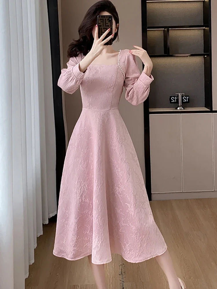 Women Pink Jacquard Diamonds Sqaure Collar Long Dress Autumn Winter Elegant Luxury Evening Dress 2025 Korean Vintage Party Dress