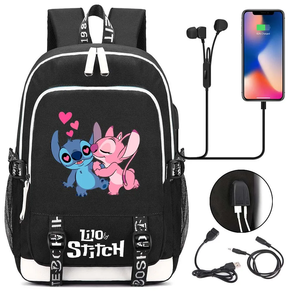 MINISO Lilo Stitch Backpack Men Women USB Charging Laptop Travel Backpack Boy Girl Teenager School Backpack Casual Mochila