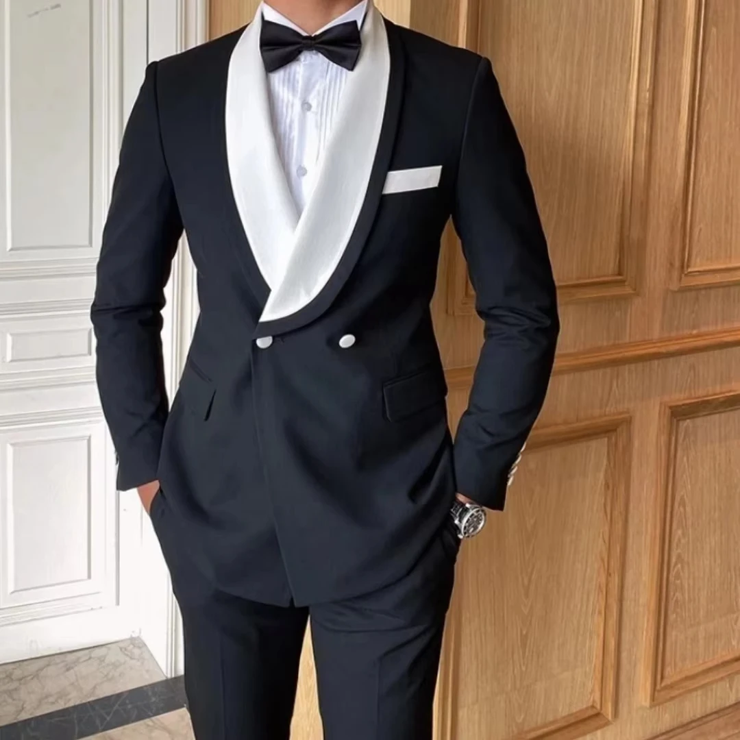

Мужской костюм из 2-х частей, черный с белыми лацканами, на двойной пуговице, для свадьбы, банкета, вечеринки, деловых встреч, работы, повседневной носки, пиджак и брюки