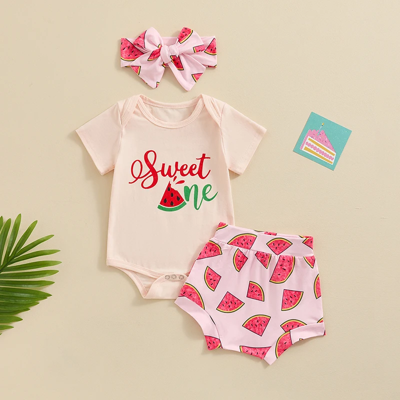 

Tregren 6-18M Infant Baby Girls Shorts Outfits Letter Print Short Sleeve Romper with Watermelon Pattern Shorts and Heaband Set