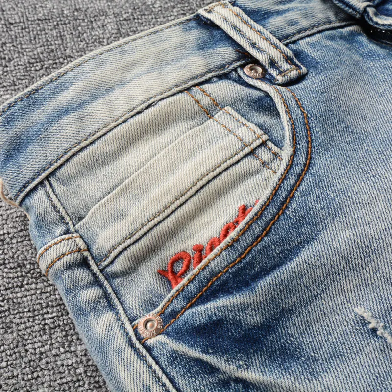 Italian Style Fashion Men Jeans High Quality Retro Washed Light Blue Elastic Slim Ripped Jeans Men Vintage Designer Denim Pants
