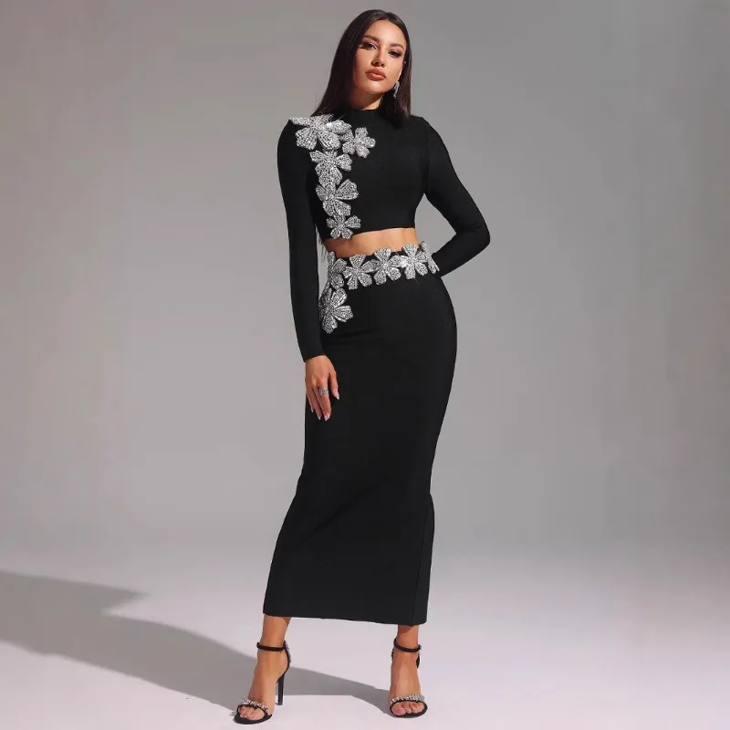 

Women Neck Long Sleeve Top High Waist Skirt 2piece Bandage Skirt Dress