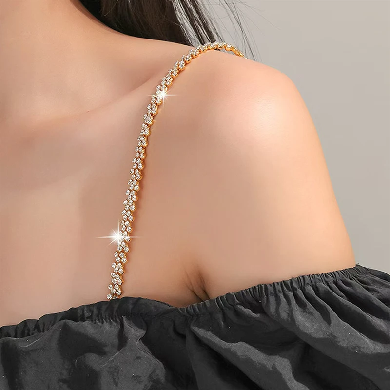 لامعة حجر الراين الصدرية حزام قابل للتعديل المعادن الملابس الداخلية حزام عدم الانزلاق النساء العشير اكسسوارات مثير الكتف الأشرطة الصدرية ديكور #5