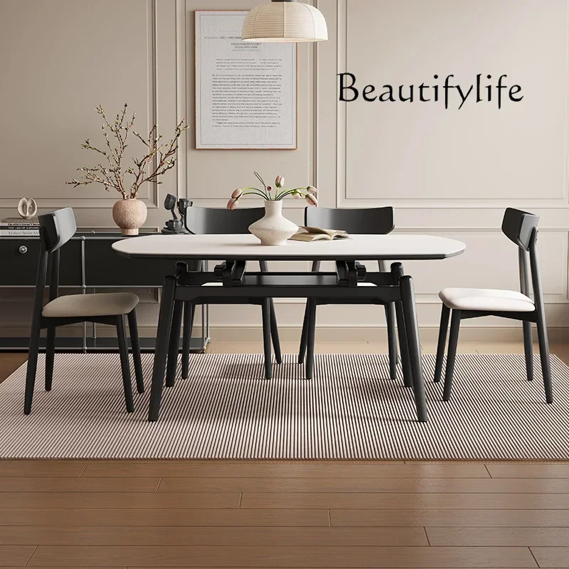 N Household folding rock slab round table black minimalist American retro retractable solid wood round dining table