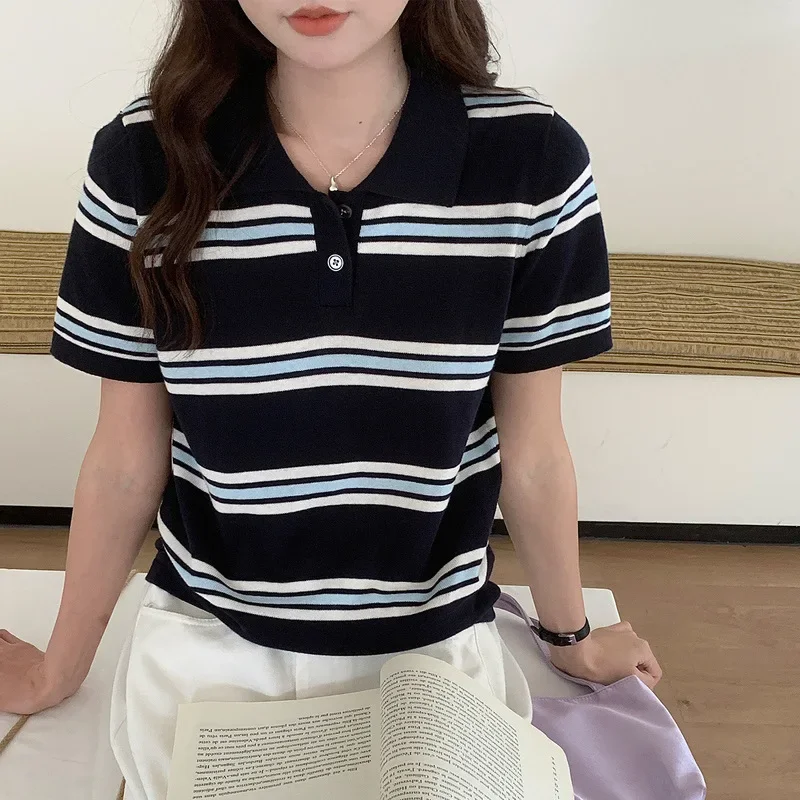 2025 Spring Summer New Arrival Women's 100% Cotton Knit Top Polo Neck Color Block Stripe Short Sleeve T-shirt Knit Cardigan Oute