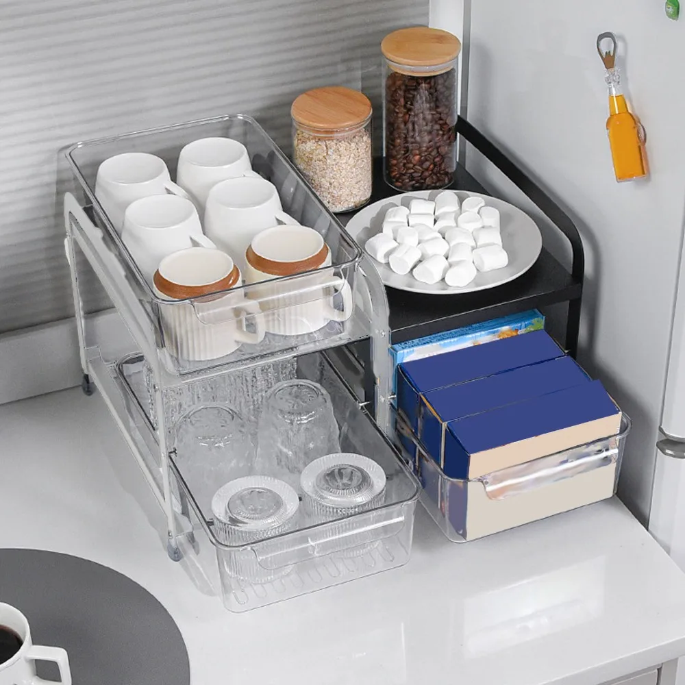 Carbon Steel Kitchen Sink Rack PET Clear Drawer Anti Slip Foot Under Counter Organizer Two Layers Cabinet Storage Organizer