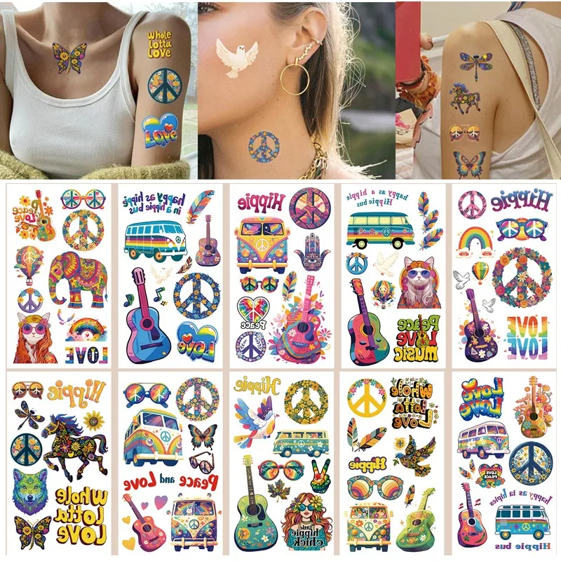 10Pcs/set New Hippie Temporary Tattoo Sticker Waterproof Love And Peace Birthday Party Tattoo Sticker Decoration Gift