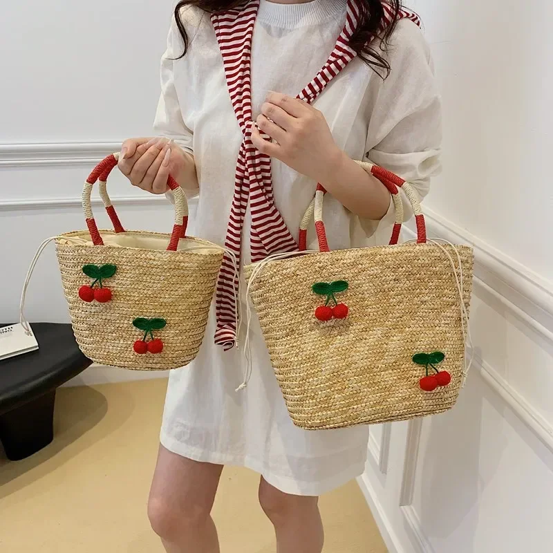 

2025 Summer Women's Cute Cherry Straw Hollow Woven Beach Vacation Tote - Multi-Carry Handheld/Shoulder/Crossbody Bucket Bag