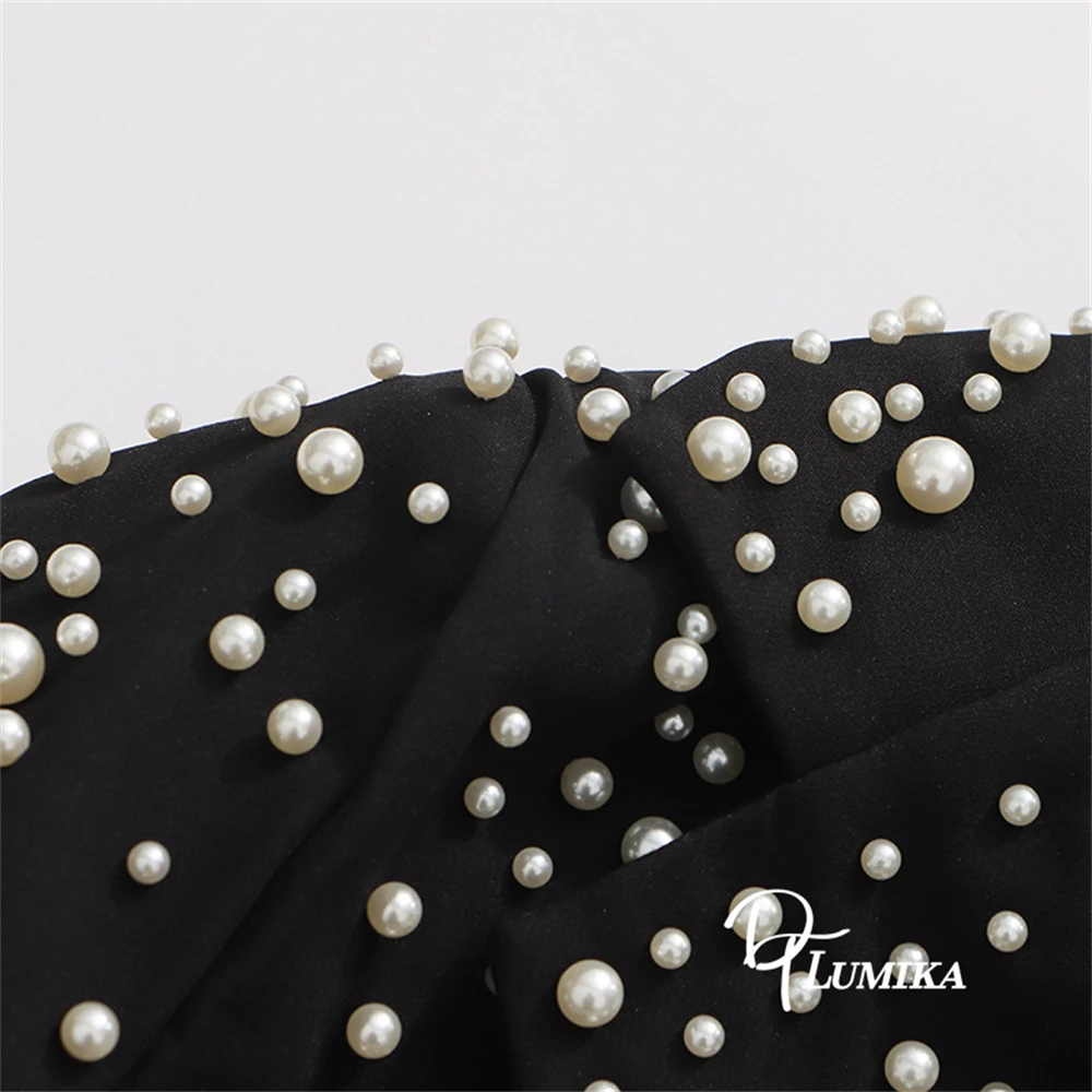 DTLumika Designer Pearls Suit Jacket for Women, Luxury Double Breasted Suit Blazer Slim Fitting Long Suit Coat Floral Shoulder