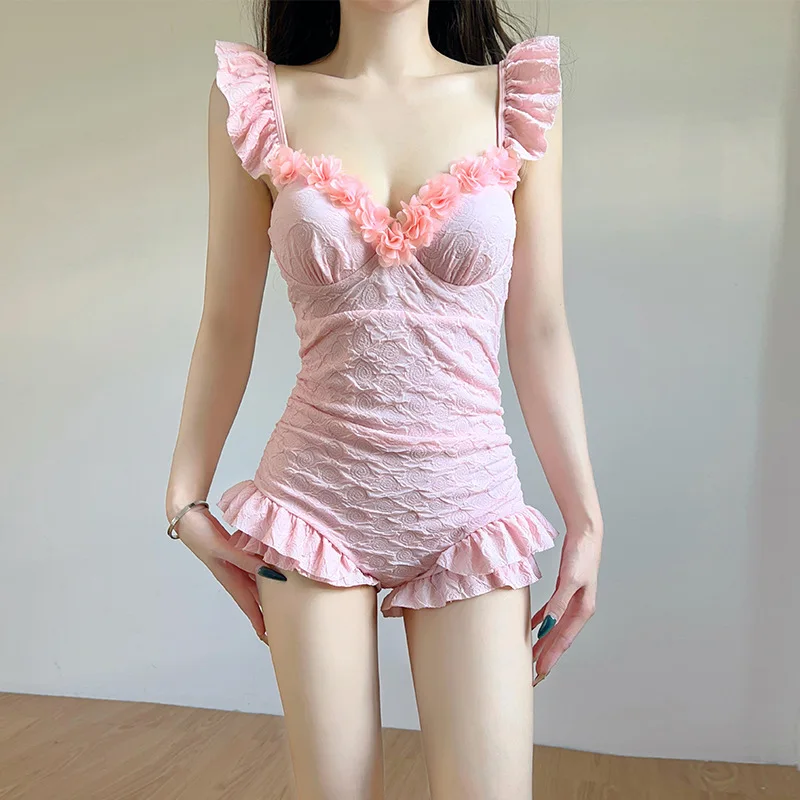 เซ็กซี่ kpop ดอกไม้ ruffles push up ชุดว่ายน้ํา one piece สีฟ้าสีชมพูสีเหลือง 3 สี ruched bodysuits บิกินี่น่ารักชุดชายหาด biquini