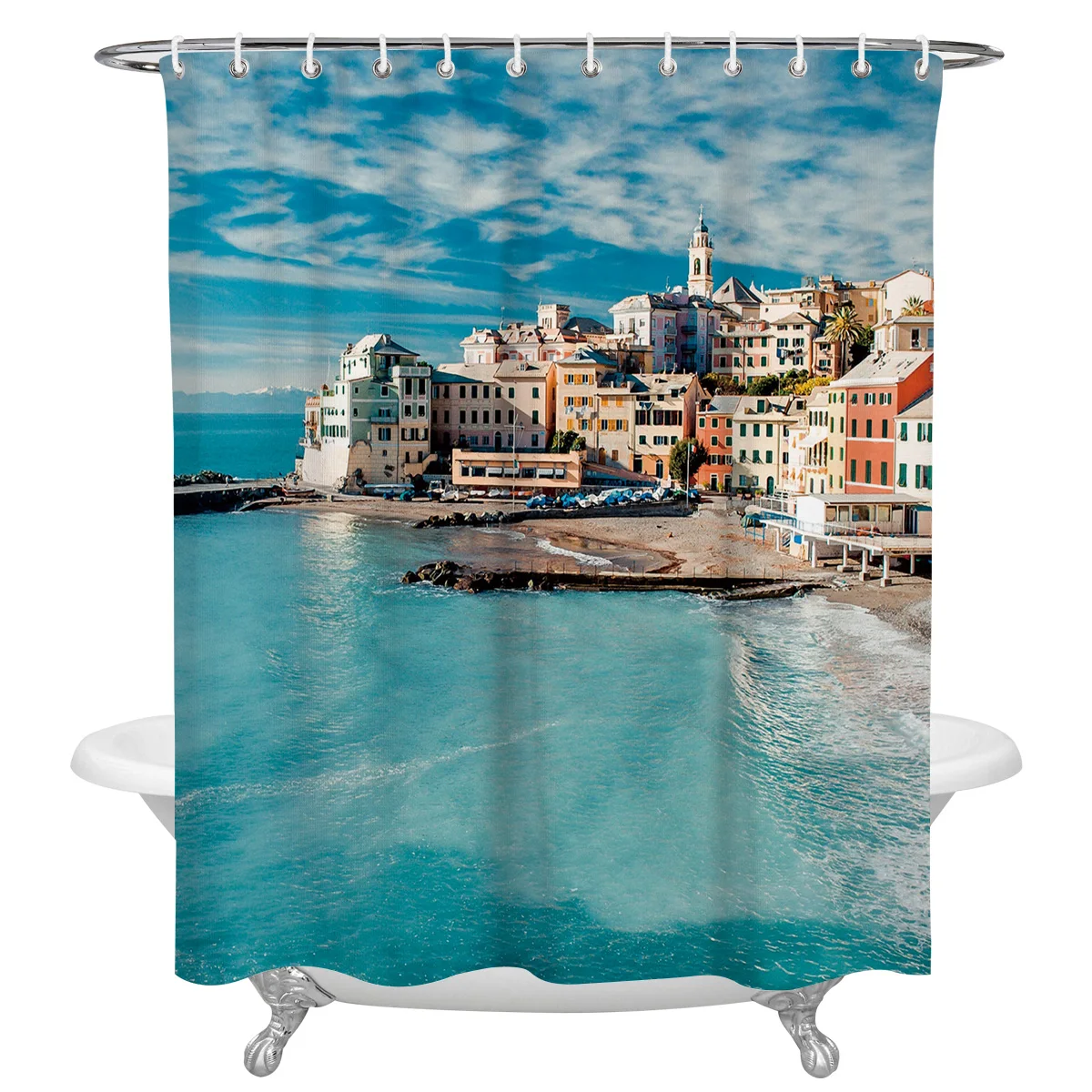 Fishing Village Waterproof Bathroom Decoration Shower Curtain With Hook Printed Bathtub Curtains Bathroom Accessories