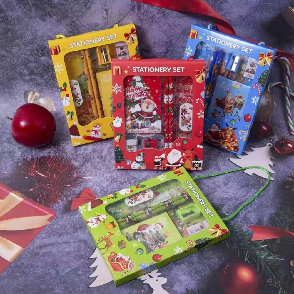 4PCS Christmas Stationery Gift Set Christmas Goodie Bag Fillers Include Pencil Eraser Ruler Sharpener Christmas Decoration