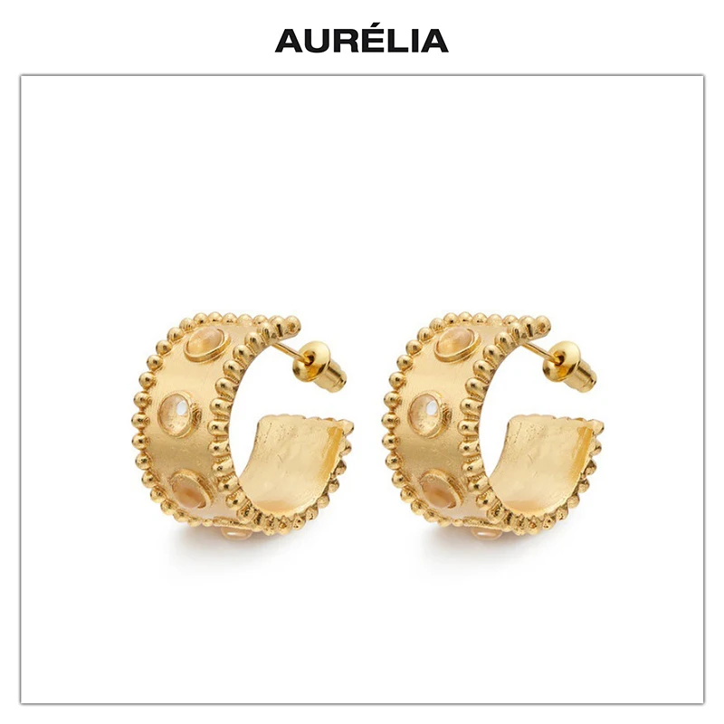 

Europe America Gold Silver C Shaped Glass Bead Retro Earrings Women Chic Romantic Jewelry Trend