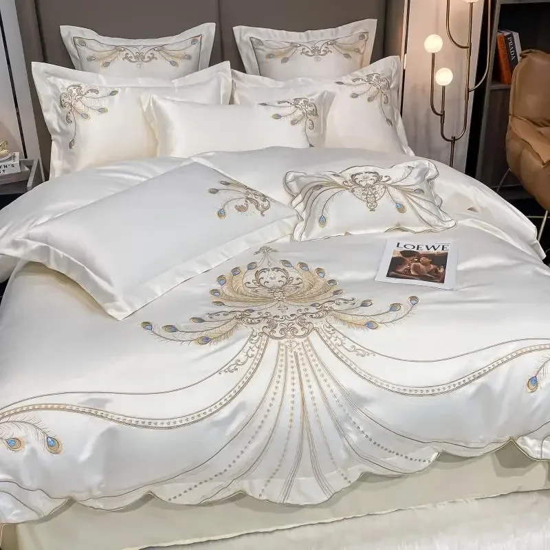 

Solid Color Satin Cotton Bedding Set Luxury Golden Feather Embroidered Duvet Cover Bedspread Sheet Pillow shams Home Textiles