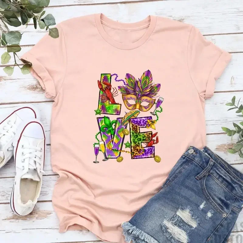Mardi Gras Love T Shirt Party Mask Crawfish Louisiana Parade Beads New Orleans