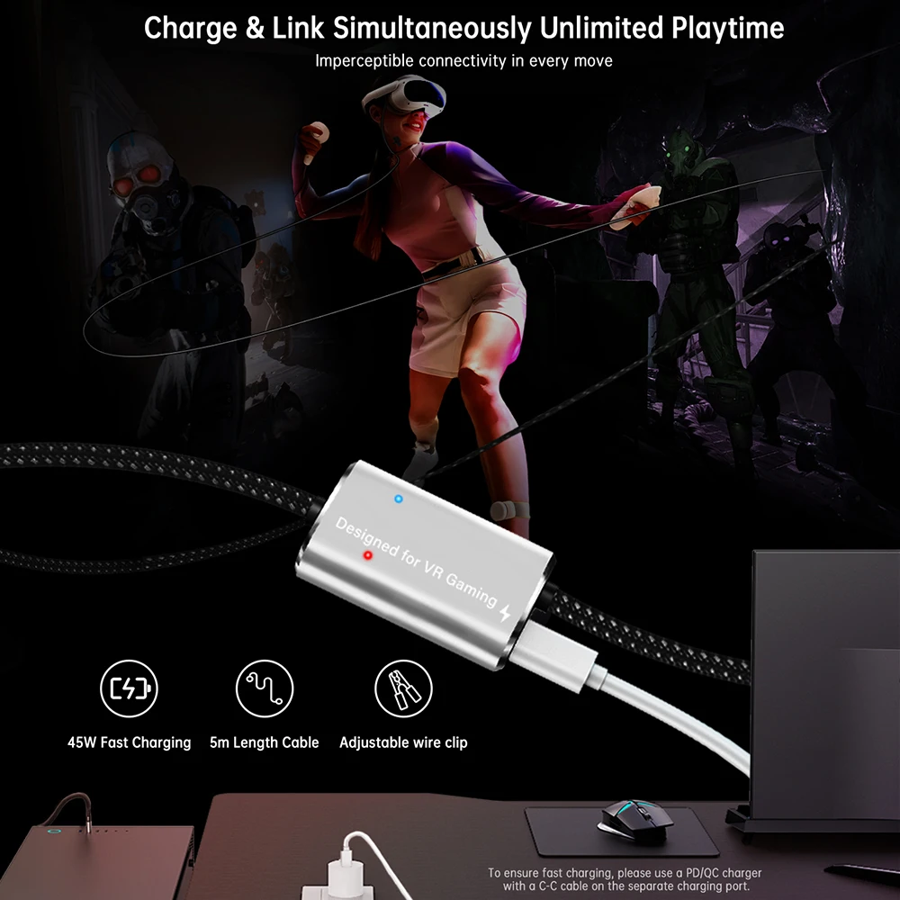 5m VR Link Cable Data 5Gbps For Meta Quest 3/2/Pro Pico 4 Steam VR PC PD3.0 Fast Charging USB 3.0 to Type C Cable With Clip