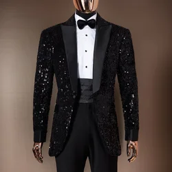 Ternos masculinos com lantejoulas brilhantes, smoking, slim fit, lapela entalhada, um botão, blazer com calças, 2 peças, jaqueta sob medida para festa de casamento do noivo